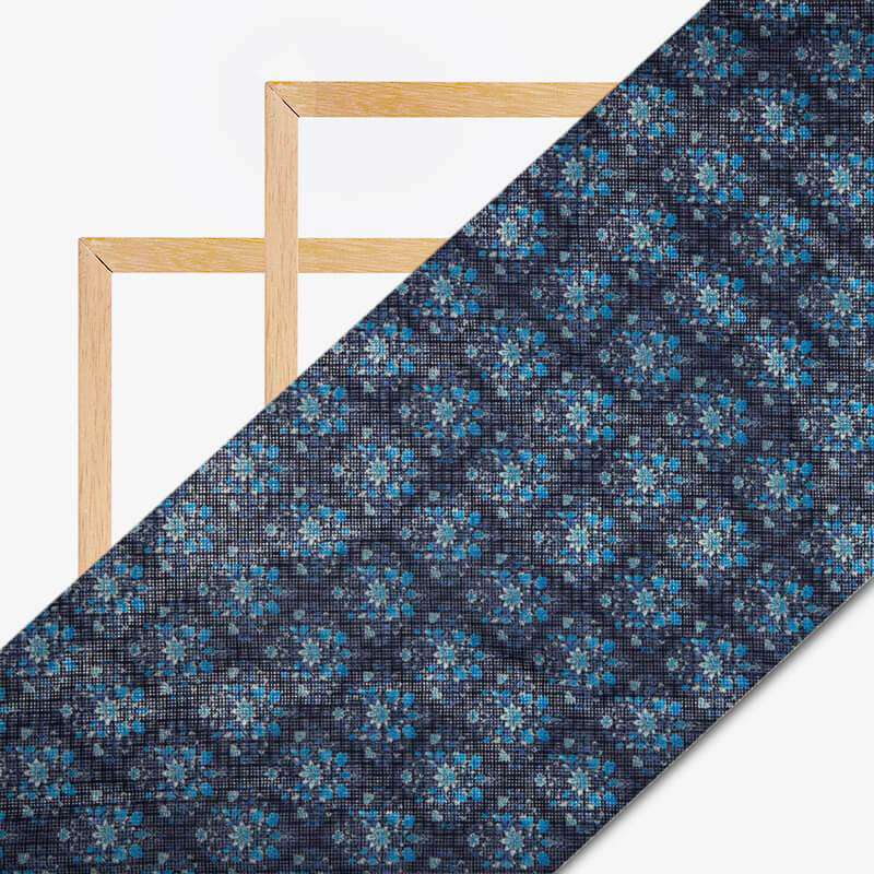 Blue Floral Pattern Digital Print Kota Doria Fabric - Fabcurate