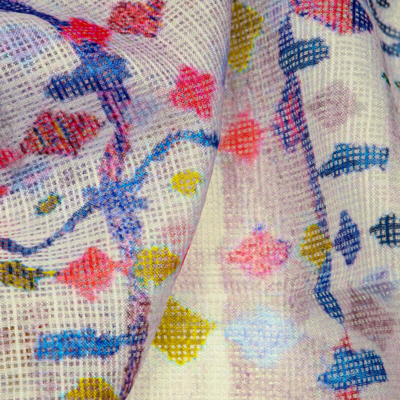 Royal Blue Abstract Pattern Digital Print Kota Doria Fabric - Fabcurate