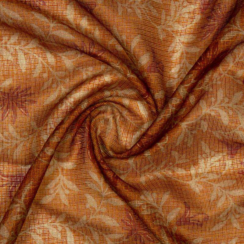 Brown Leaf Pattern Digital Print Kota Doria Fabric - Fabcurate