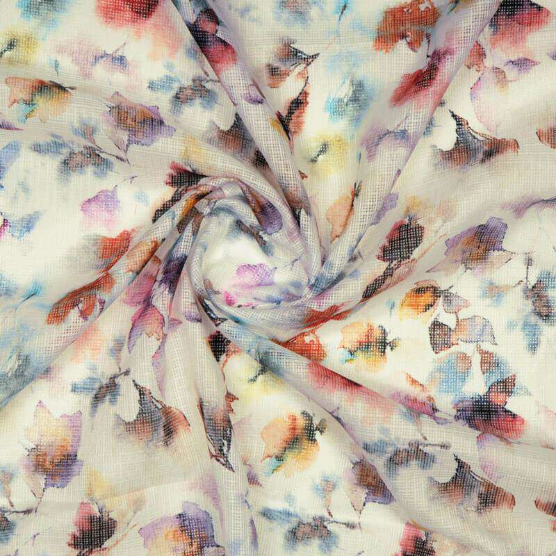 White Leaf Pattern Digital Print Kota Doria Fabric - Fabcurate