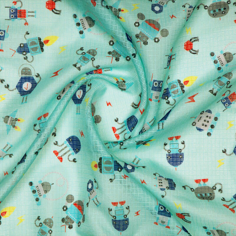 Light Blue Object Pattern Digital Print Kota Doria Fabric - Fabcurate