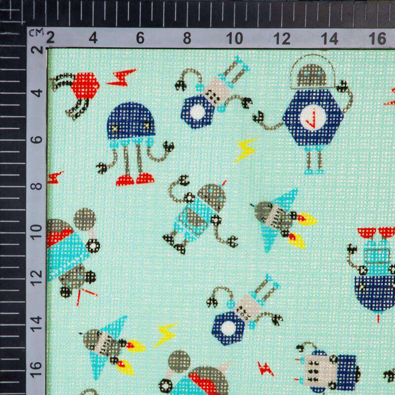 Light Blue Object Pattern Digital Print Kota Doria Fabric - Fabcurate