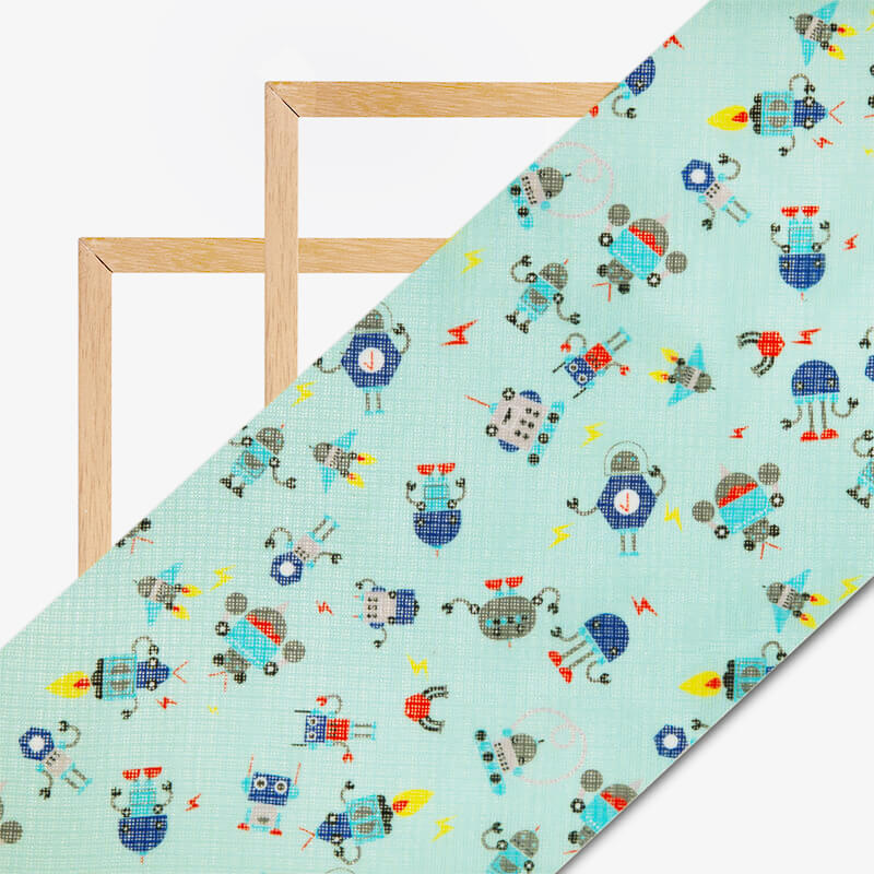 Light Blue Object Pattern Digital Print Kota Doria Fabric - Fabcurate