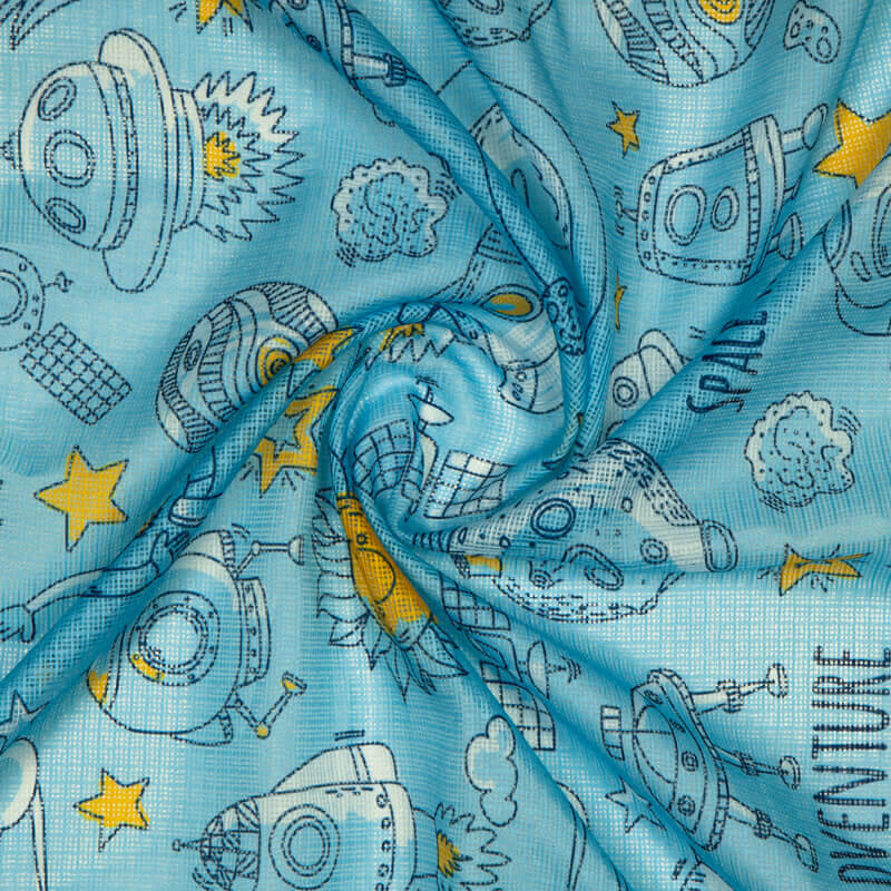 Sky Blue Object Pattern Digital Print Kota Doria Fabric - Fabcurate