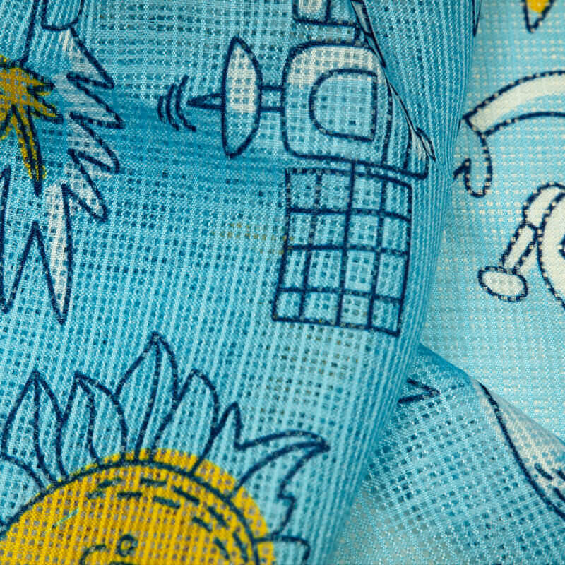 Sky Blue Object Pattern Digital Print Kota Doria Fabric - Fabcurate