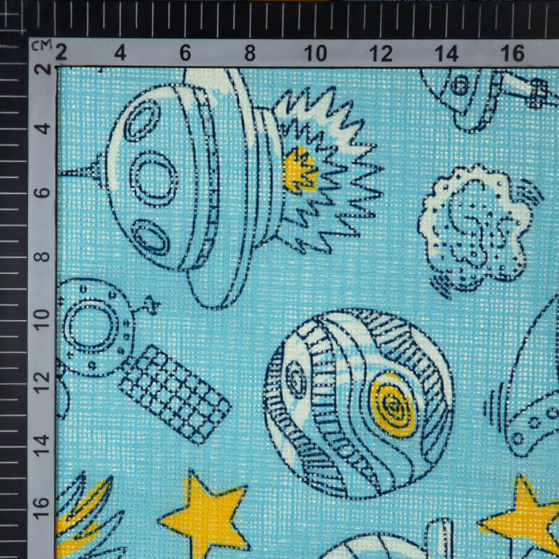 Sky Blue Object Pattern Digital Print Kota Doria Fabric - Fabcurate
