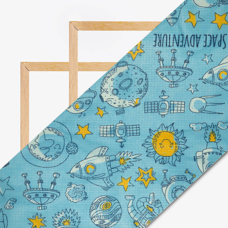 Sky Blue Object Pattern Digital Print Kota Doria Fabric - Fabcurate