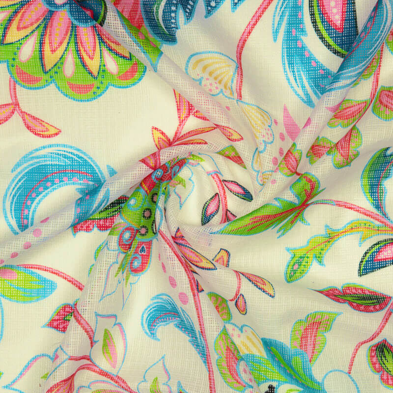 White Floral Pattern Digital Print Kota Doria Fabric - Fabcurate