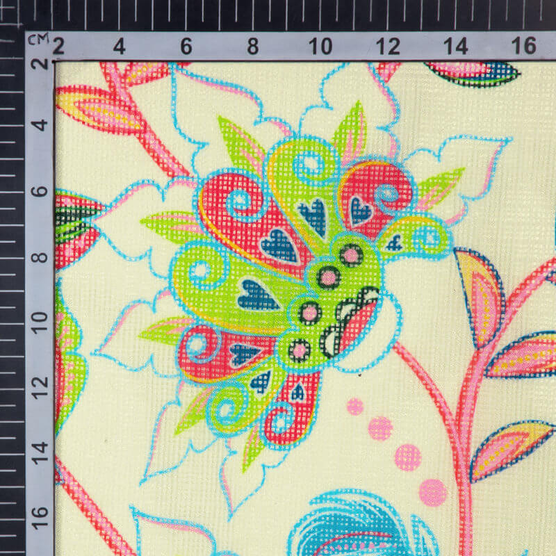 White Floral Pattern Digital Print Kota Doria Fabric - Fabcurate