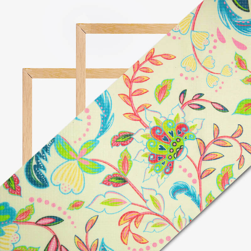 White Floral Pattern Digital Print Kota Doria Fabric - Fabcurate