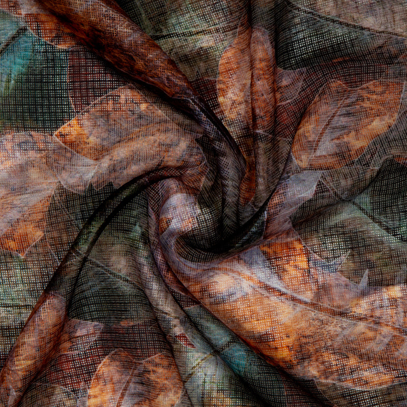 Brown Leaf Pattern Digital Print Kota Doria Fabric - Fabcurate