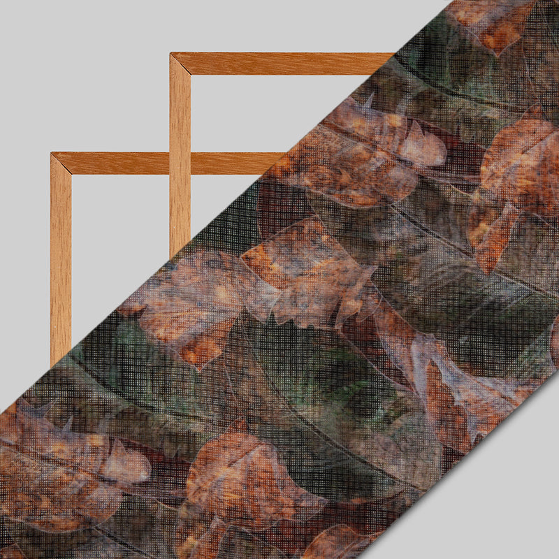 Brown Leaf Pattern Digital Print Kota Doria Fabric - Fabcurate