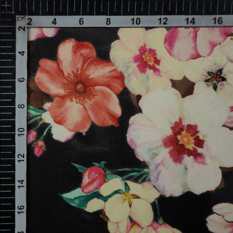 Black Floral Digital Print Premium Organza Fabric - Fabcurate