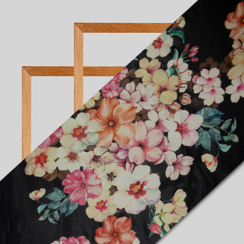 Black Floral Digital Print Premium Organza Fabric - Fabcurate