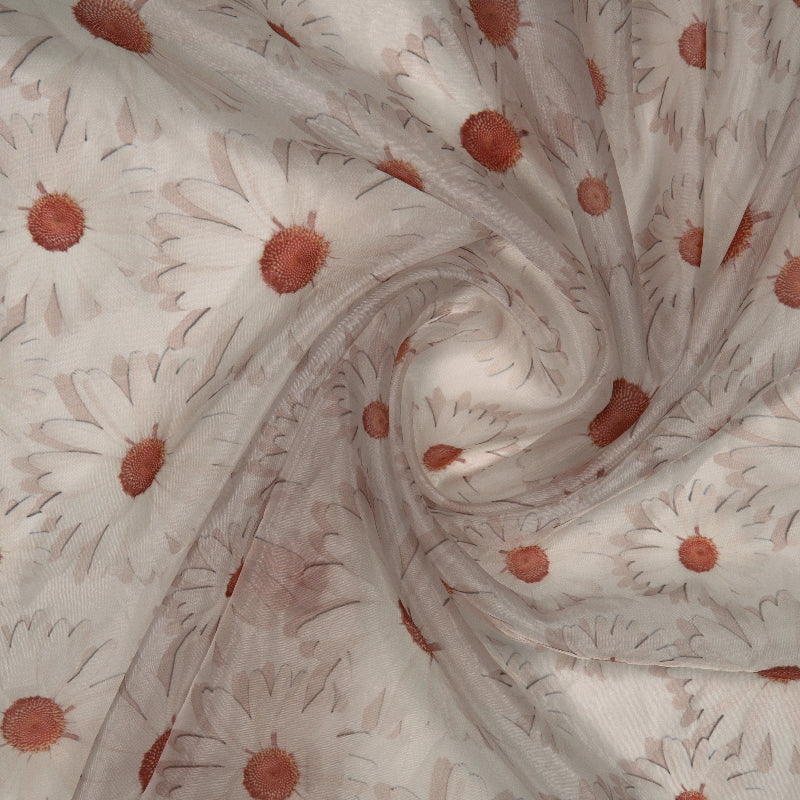 Off White Floral Digital Print Premium Organza Fabric - Fabcurate