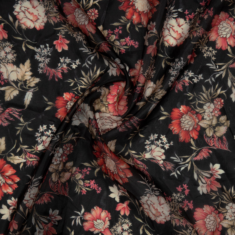 Black And Red Floral Digital Print Premium Organza Fabric - Fabcurate