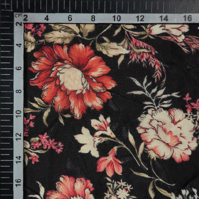 Black And Red Floral Digital Print Premium Organza Fabric - Fabcurate