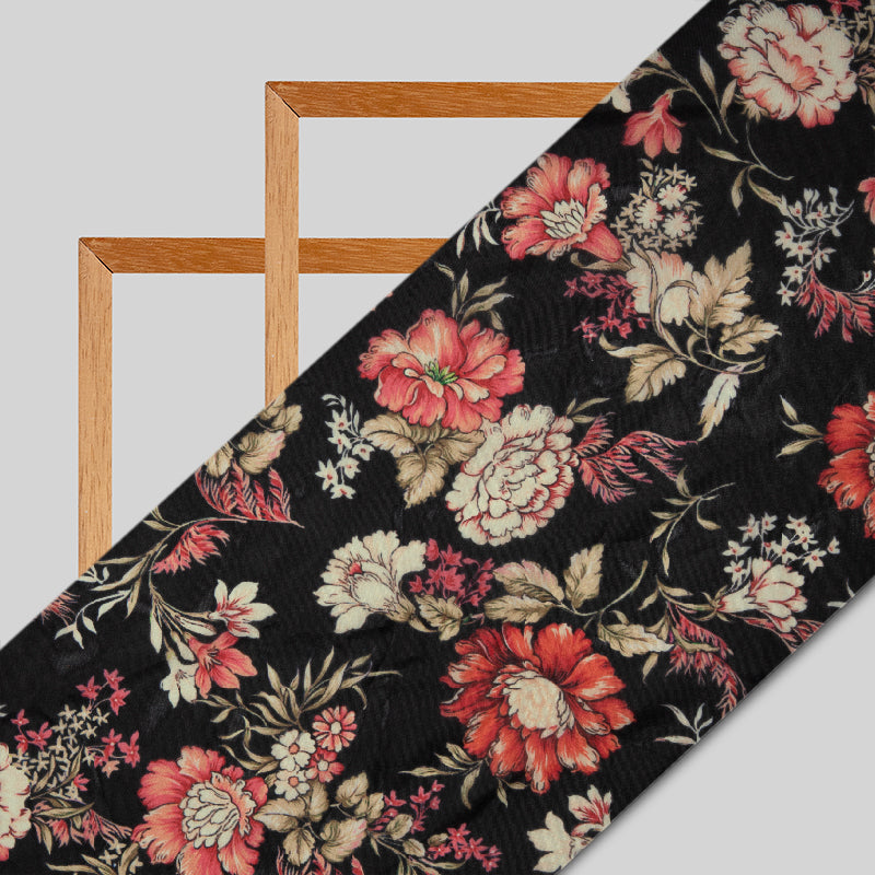 Black And Red Floral Digital Print Premium Organza Fabric - Fabcurate