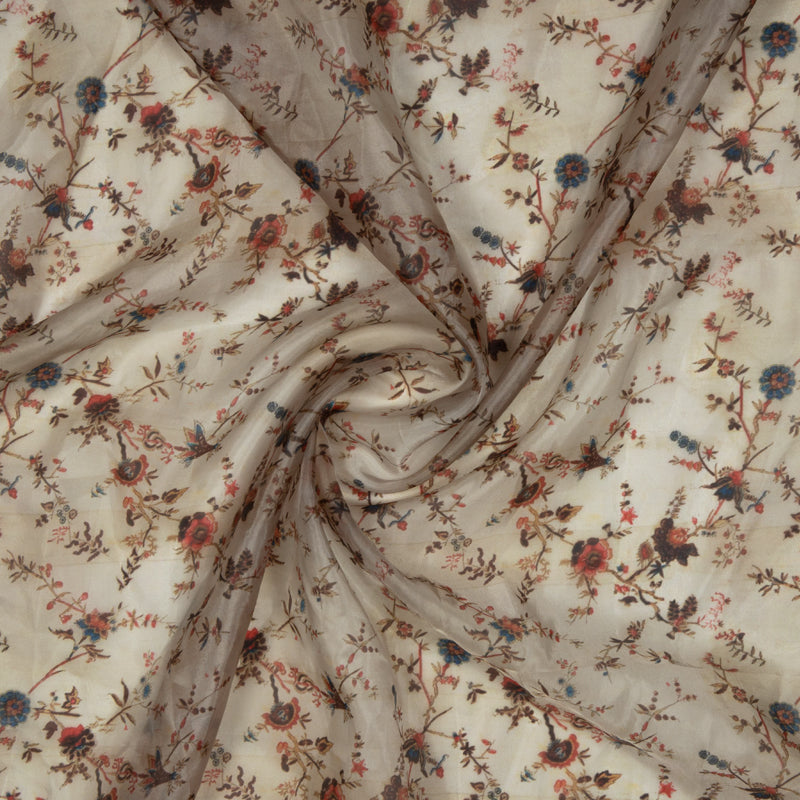 Off White Floral Digital Print Premium Organza Fabric - Fabcurate