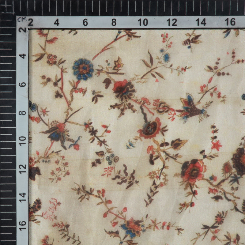 Off White Floral Digital Print Premium Organza Fabric - Fabcurate