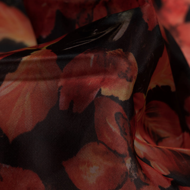 Orange And Black Floral Digital Print Premium Organza Fabric - Fabcurate