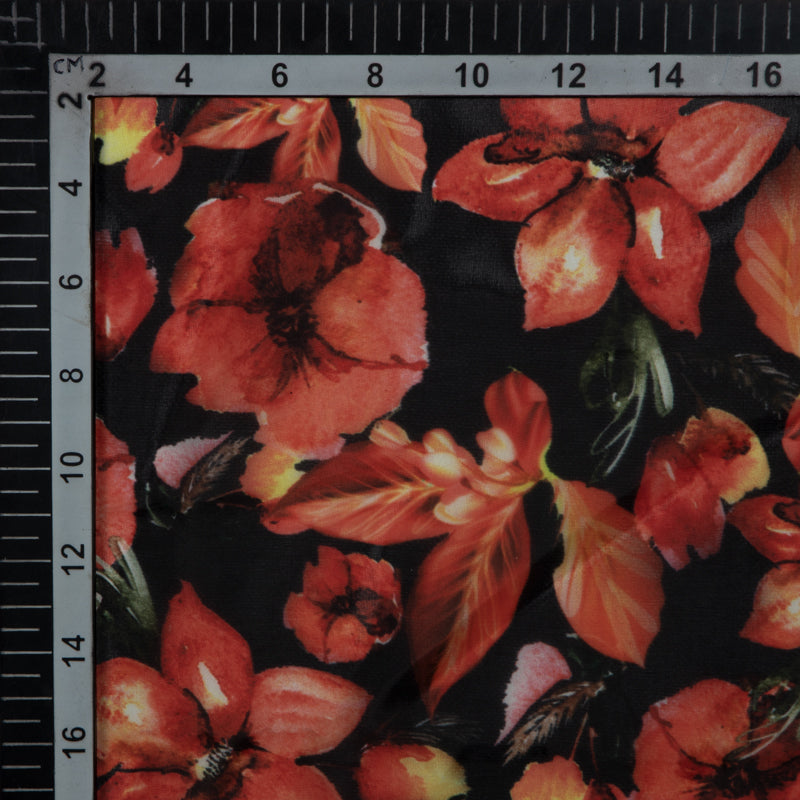 Orange And Black Floral Digital Print Premium Organza Fabric - Fabcurate