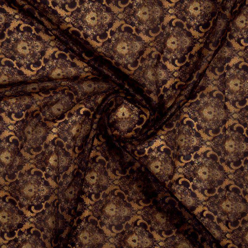 Brown And Cream Floral Pattern Digital Print Premium Organza Fabric - Fabcurate