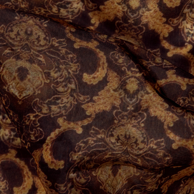 Brown And Cream Floral Pattern Digital Print Premium Organza Fabric - Fabcurate