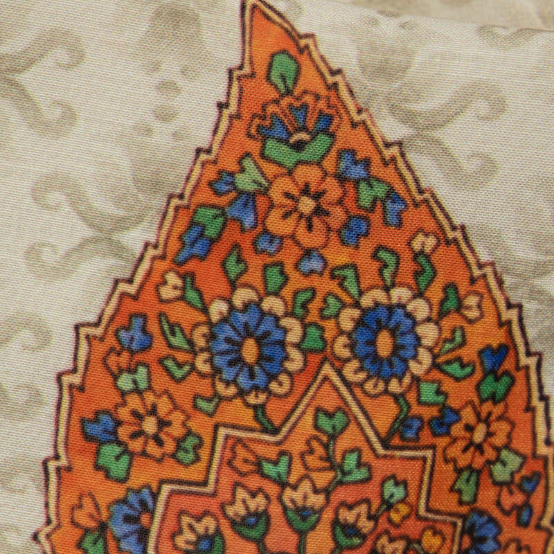 Light Grey And Orange Mughal Pattern Digital Print Muslin Fabric - Fabcurate