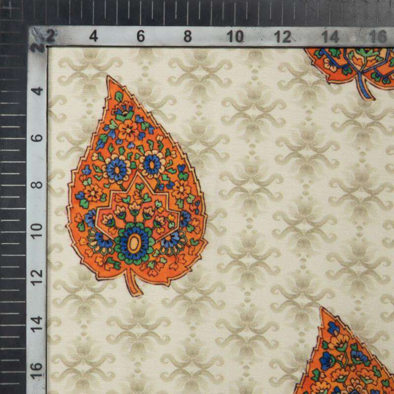 Light Grey And Orange Mughal Pattern Digital Print Muslin Fabric - Fabcurate