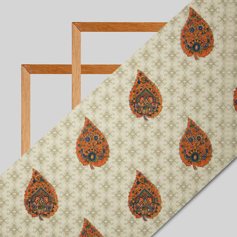 Light Grey And Orange Mughal Pattern Digital Print Muslin Fabric - Fabcurate