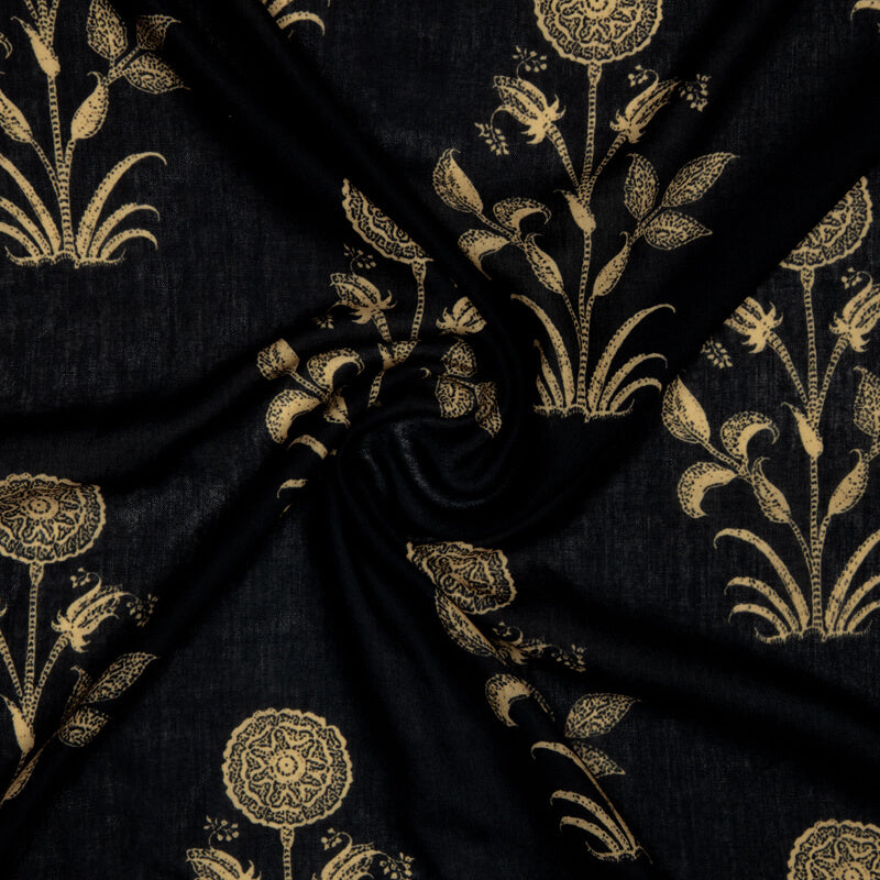 Black And Beige Mughal Pattern Digital Print Rayon Fabric - Fabcurate