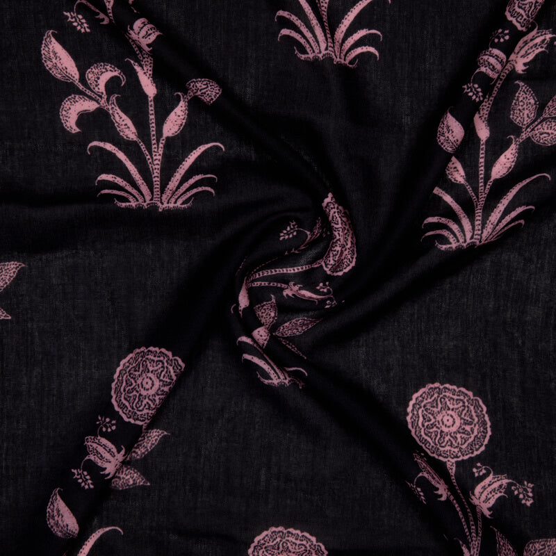 Dark Brown And Pink Mughal Pattern Digital Print Rayon Fabric - Fabcurate