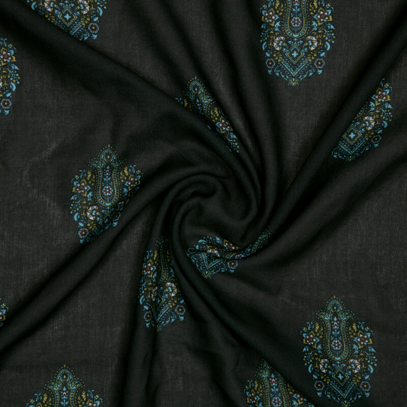 Dark Grey And Sky Mughal Pattern Digital Print Rayon Fabric - Fabcurate