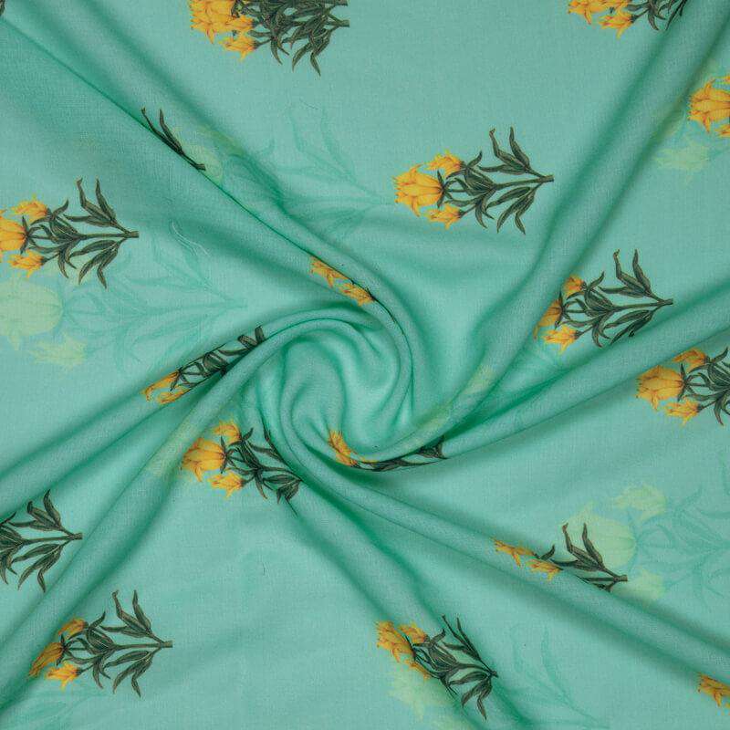 Teal And Yellow Mughal Pattern Digital Print Rayon Fabric - Fabcurate