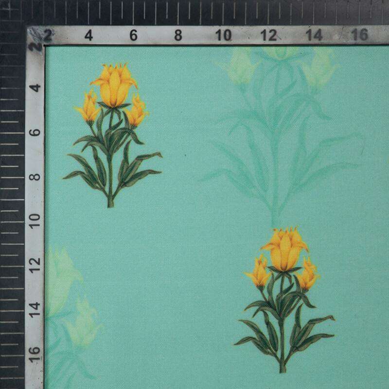 Teal And Yellow Mughal Pattern Digital Print Rayon Fabric - Fabcurate