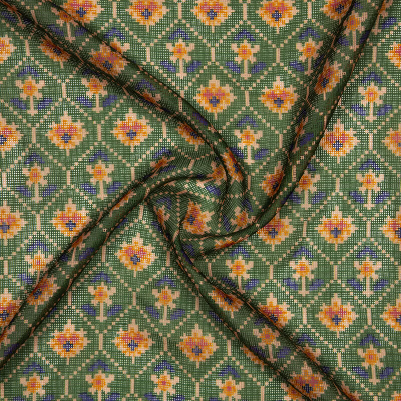 Olive Patola Pattern Digital Print Kota Doria Fabric - Fabcurate