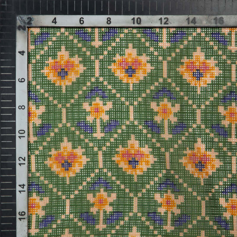 Olive Patola Pattern Digital Print Kota Doria Fabric - Fabcurate