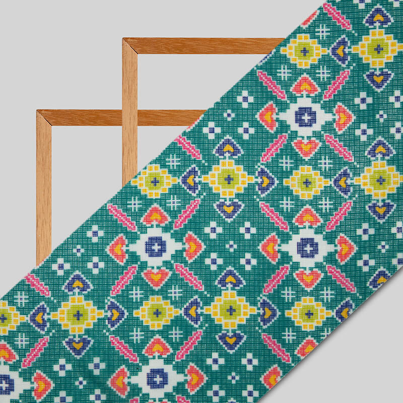 Turquoise Patola Pattern Digital Print Kota Doria Fabric - Fabcurate