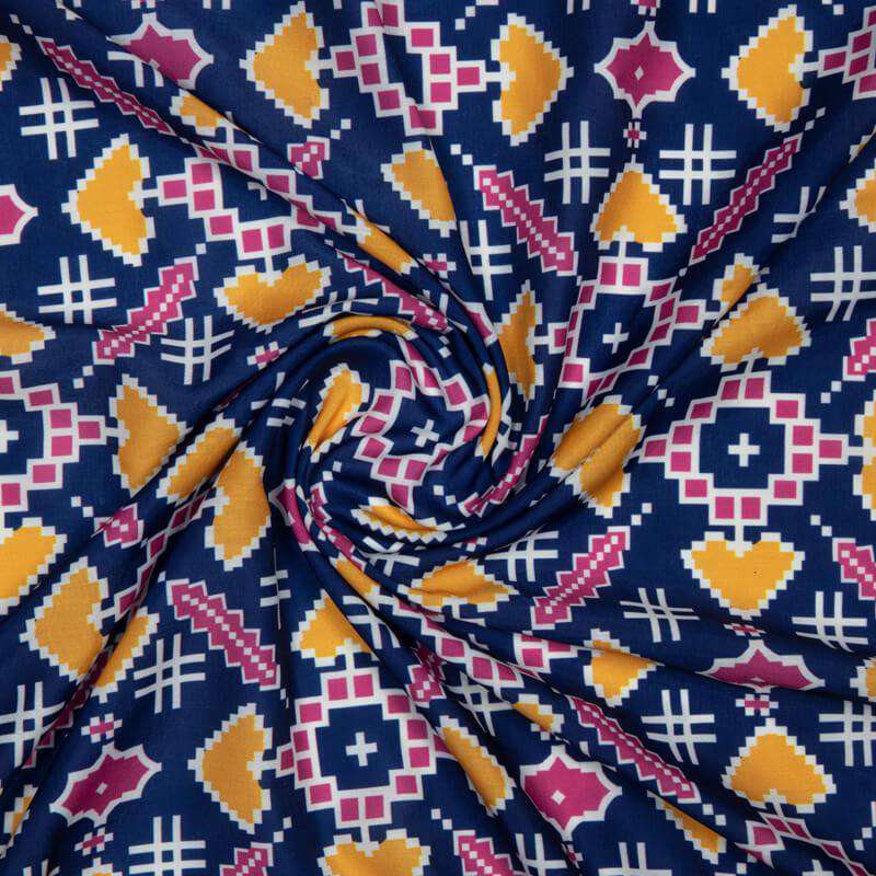 Navy Blue Patola Pattern Digital Print Muslin Fabric - Fabcurate