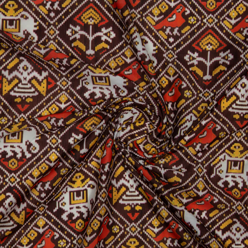 Dark Brown Patola Pattern Digital Print Muslin Fabric - Fabcurate