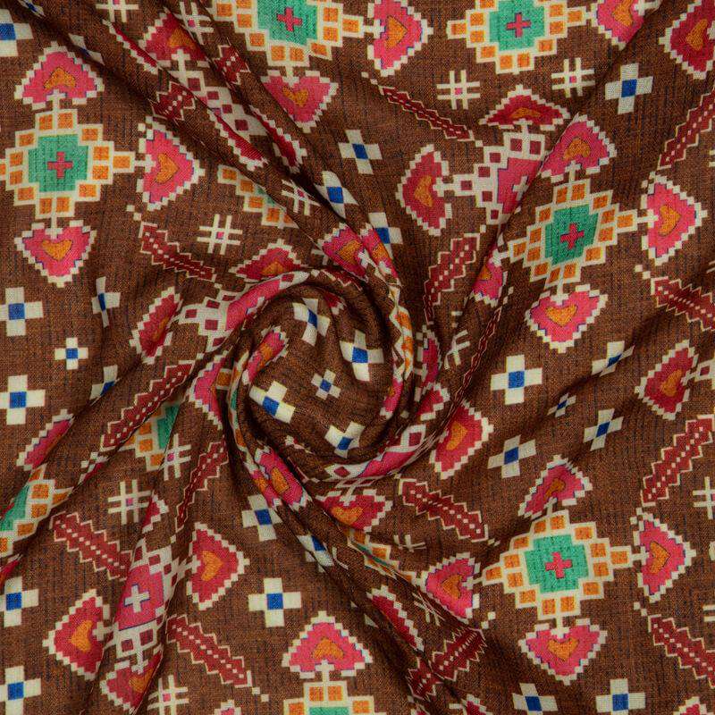 Brown Patola Pattern Digital Print Rayon Fabric - Fabcurate