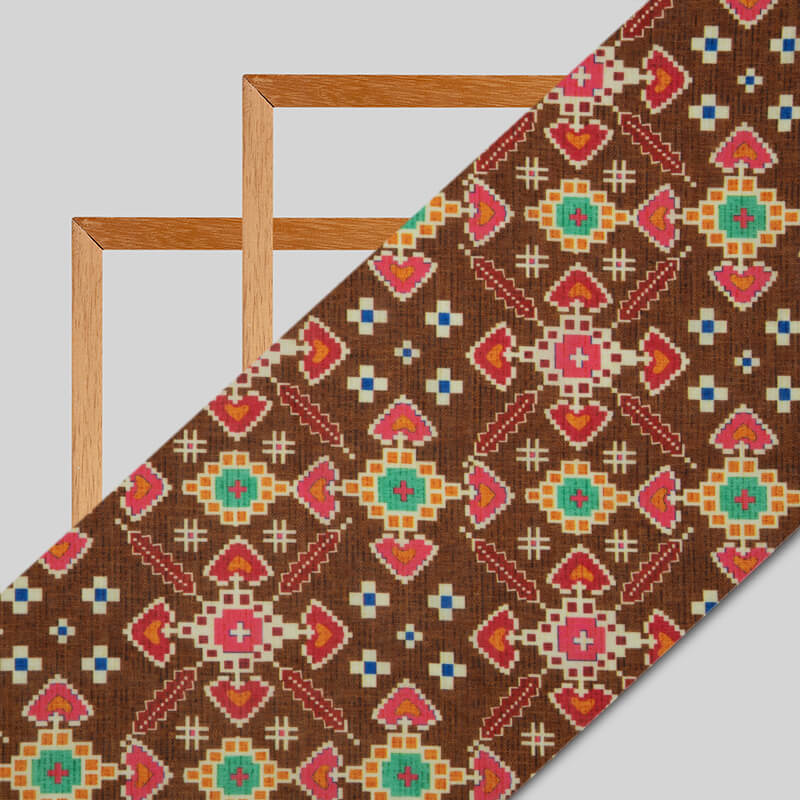 Brown Patola Pattern Digital Print Rayon Fabric - Fabcurate