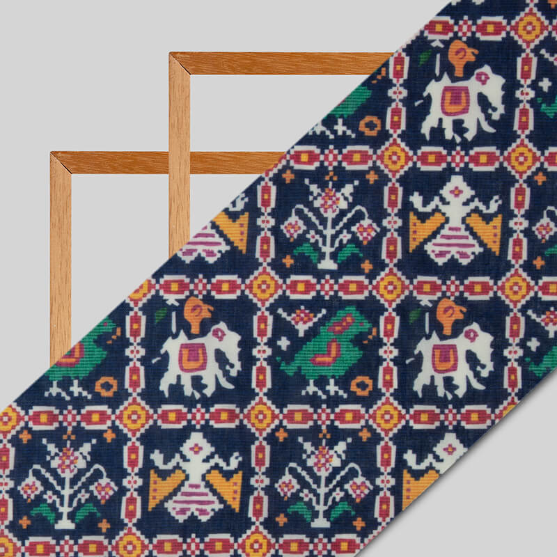 Navy Blue Patola Pattern Digital Print Rayon Fabric - Fabcurate