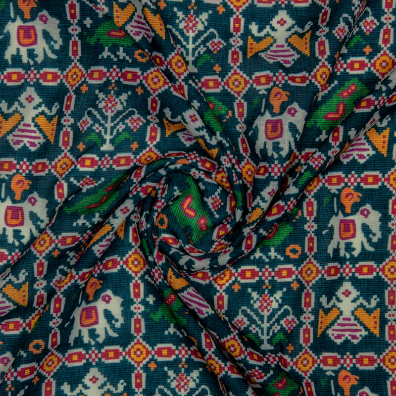 Turquoise Patola Pattern Digital Print Rayon Fabric - Fabcurate