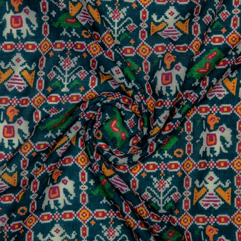 Turquoise  Patola Pattern Digital Print Rayon Fabric - Fabcurate