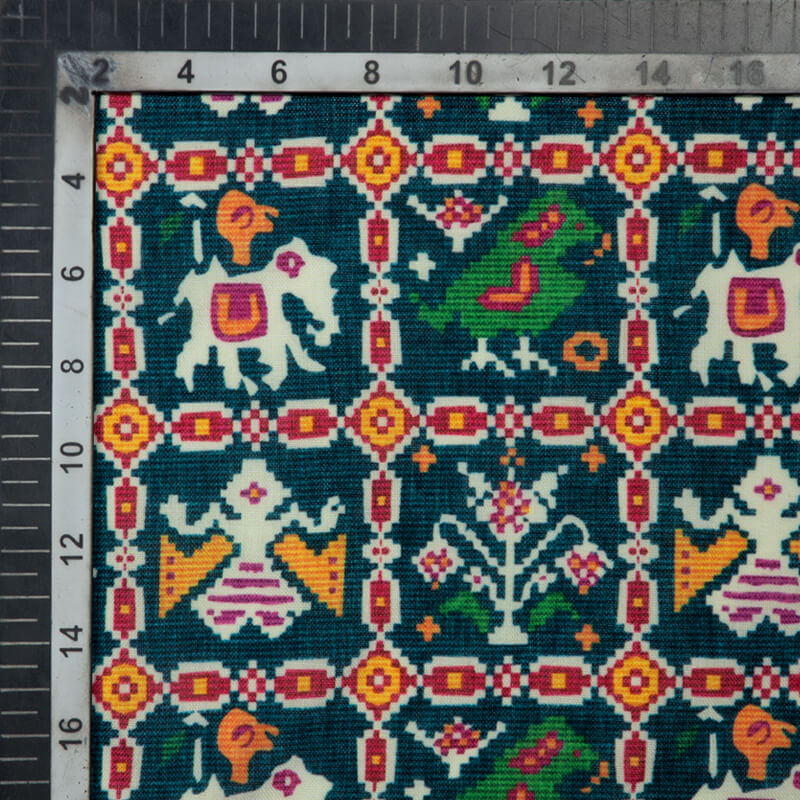 Turquoise  Patola Pattern Digital Print Rayon Fabric - Fabcurate