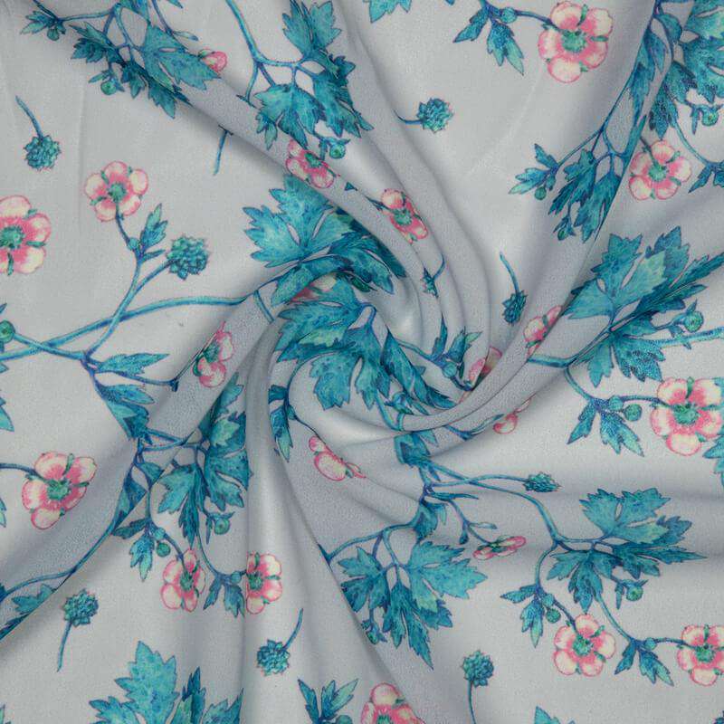 Light Grey Floral Pattern Digital Print Muslin Fabric - Fabcurate