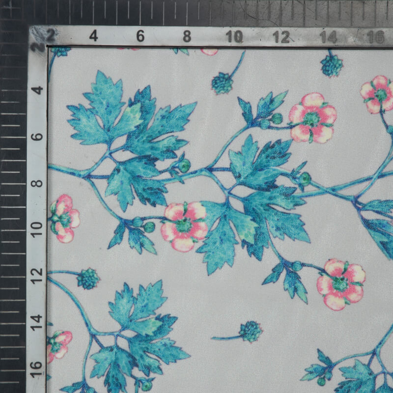 Light Grey Floral Pattern Digital Print Muslin Fabric - Fabcurate