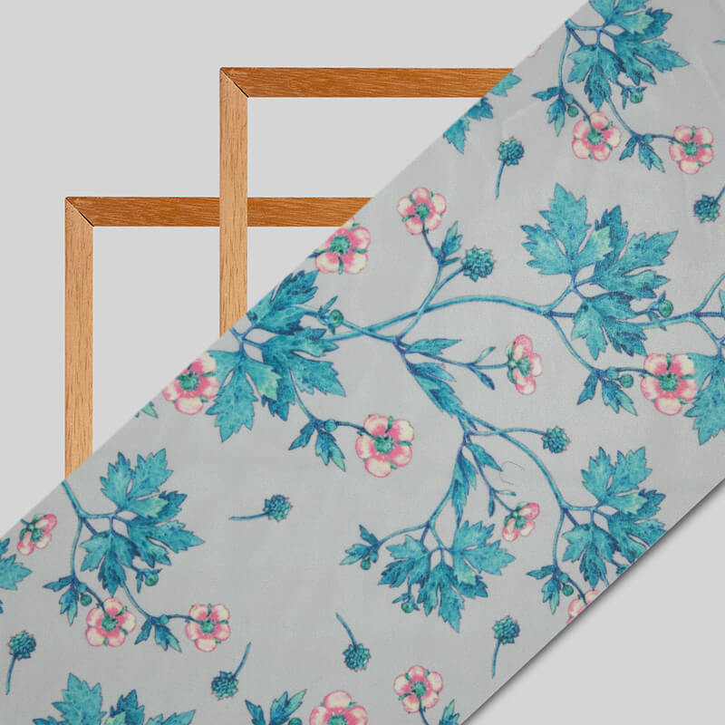 Light Grey Floral Pattern Digital Print Muslin Fabric - Fabcurate